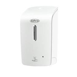 White wall-mounted automatic soap dispenser with sensor activation and clear liquid level window.