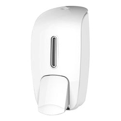 White wall-mounted manual soap and sanitizer dispenser with push-button pump and transparent fill window.