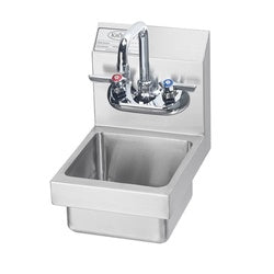 Stainless steel wall-mounted hand sink with faucet and soap dispenser, 12 inches wide.