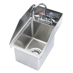 Stainless steel drop-in hand sink with two compartments, chrome faucet, and side splashes.
