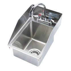 Stainless steel drop-in hand sink with single bowl, side splashes, and faucet with gooseneck spout.
