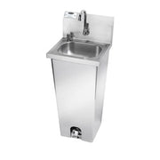 Stainless steel pedestal hand sink with faucet and splashback, viewed from above at an angle.