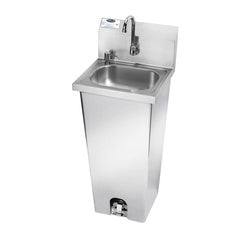 Stainless steel pedestal hand sink with faucet and splashback, viewed from above at an angle.