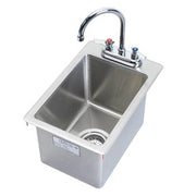 Stainless steel drop-in hand sink with single compartment, faucet, and chrome gooseneck spout.