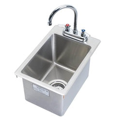 Stainless steel drop-in hand sink with single compartment, faucet, and chrome gooseneck spout.
