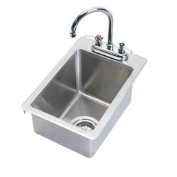 Stainless steel drop-in hand sink with single deep bowl and chrome faucet with gooseneck spout.