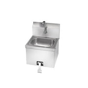 Stainless steel hand sink with chrome faucet and knee-operated valve mounted on front.