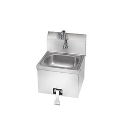 Stainless steel hand sink with chrome faucet and knee-operated valve mounted on front.