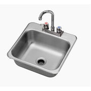Stainless steel drop-in sink with faucet and two knobs mounted on rim.
