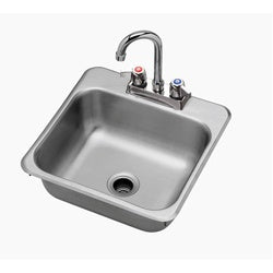 Stainless steel drop-in sink with faucet and two knobs mounted on rim.