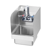 Stainless steel wall-mounted hand sink with side splashes, faucet, and drainboard.