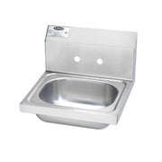 Stainless steel wall-mounted hand sink with two faucet holes and backsplash, faucet not included.