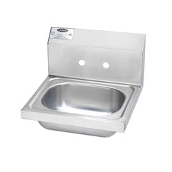 Stainless steel wall-mounted hand sink with two faucet holes and backsplash, faucet not included.