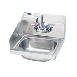 Stainless steel wall-mounted hand sink with faucet and left side splash guard.