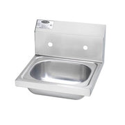 Stainless steel wall-mounted hand sink with single basin and two faucet holes.