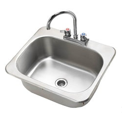 Stainless steel drop-in hand sink with chrome faucet and drain, 20x17 inches.