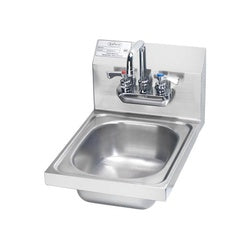 Stainless steel wall-mounted hand sink with chrome faucet and soap dispenser.