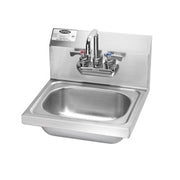 Stainless steel wall-mounted hand sink with chrome faucet and soap dispenser.