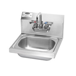 Stainless steel wall-mounted hand sink with chrome faucet and soap dispenser.