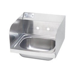 Stainless steel hand sink with side splashes and faucet holes, no faucet included.