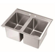 Stainless steel drop-in sink with two compartments and basket drains, faucet not included.