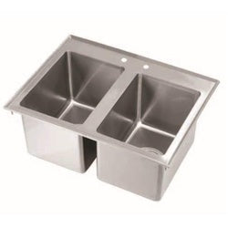 Stainless steel drop-in sink with two compartments and basket drains, faucet not included.