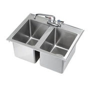 Stainless steel drop-in hand sink with two compartments and faucet, 26 inches wide by 18 inches deep.