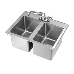 Stainless steel drop-in hand sink with two compartments and faucet, 26 inches wide by 18 inches deep.