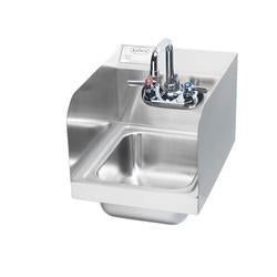 Stainless steel hand sink with chrome faucet, side splashes, and soap dispenser mounted on top.