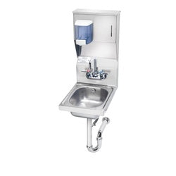 Wall-mounted stainless steel hand sink with integrated soap dispenser, paper towel dispenser, and faucet.