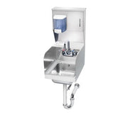 Stainless steel wall-mounted hand sink with integrated soap and towel dispensers, faucet, and side splashes.