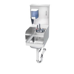 Stainless steel wall-mounted hand sink with integrated soap and towel dispensers, faucet, and side splashes.