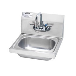 Stainless steel wall-mounted hand sink with chrome faucet and foot pedal control.