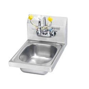 Stainless steel wall-mounted hand sink with eyewash station and yellow foot pedal controls.