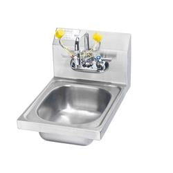 Stainless steel wall-mounted hand sink with eyewash station and yellow foot pedal controls.