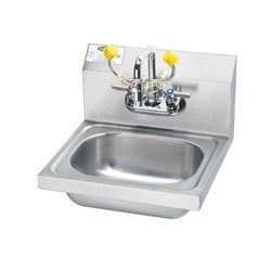 Wall-mounted stainless steel sink with faucet, soap dispensers, and backsplash.