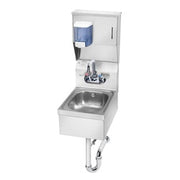 Stainless steel wall-mounted hand sink with integrated soap and paper towel dispensers.
