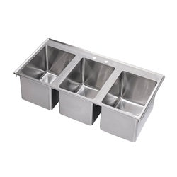 Stainless steel drop-in sink with three equal compartments and basket drains, no faucet included.