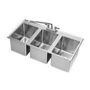 Three-compartment stainless steel drop-in sink with faucet and drainboard, 36 inches wide.