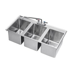 Three-compartment stainless steel drop-in sink with faucet and drainboard, 36 inches wide.