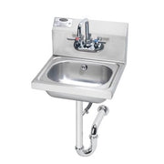 Stainless steel wall-mounted hand sink with chrome faucet, soap dispenser, and P-trap plumbing visible below.