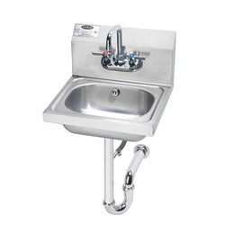 Stainless steel wall-mounted hand sink with chrome faucet, soap dispenser, and P-trap plumbing visible below.
