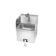 Stainless steel hand sink with single basin, side splashes, and knee valve lever beneath.