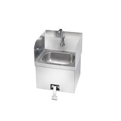 Stainless steel hand sink with single basin, side splashes, and knee valve lever beneath.