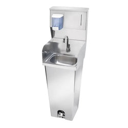 Stainless steel pedestal hand sink with foot valve, soap dispenser, and paper towel holder.