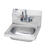 Stainless steel wall-mounted hand sink with wrist blade faucet handles and backsplash.