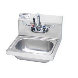 Stainless steel wall-mounted hand sink with wrist blade faucet handles and backsplash.
