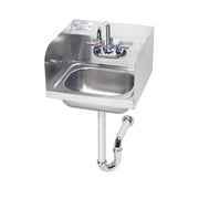 Stainless steel wall-mounted hand sink with chrome faucet, soap dispenser, and curved p-trap underneath.