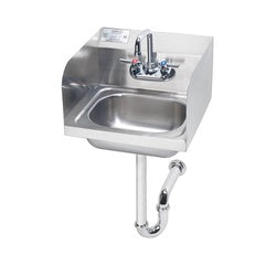 Stainless steel wall-mounted hand sink with chrome faucet, soap dispenser, and curved p-trap underneath.