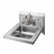 Stainless steel wall-mounted hand sink with double-bend gooseneck faucet and controls.